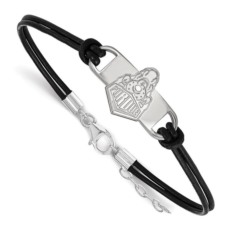 Sterling Silver Rhodium Plated Logoart Purdue University Boilermakers Train Logo Small Center Black Leather 7 Inch Bracelet With Extender