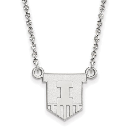 Sterling Silver Rhodium Plated Logoart University Of Illinois Victory Badge Small Pendant 18 Inch Necklace