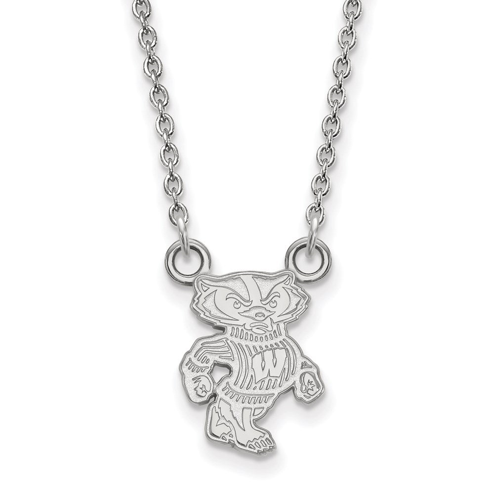 Sterling Silver Rhodium Plated Logoart University Of Wisconsin Badger Small Pendant 18 Inch Necklace