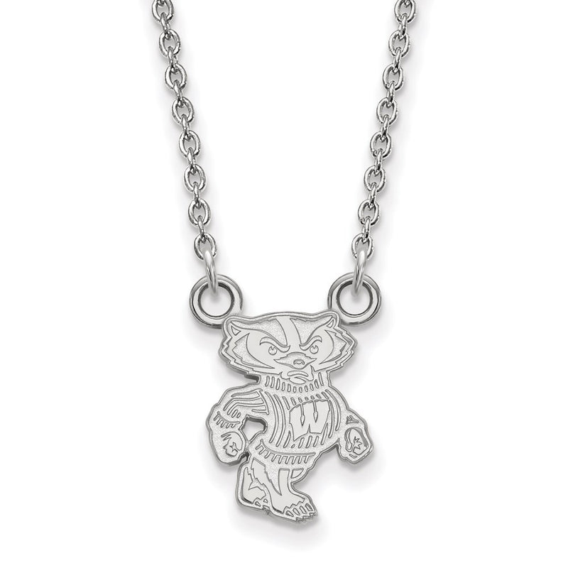 Sterling Silver Rhodium Plated Logoart University Of Wisconsin Badger Small Pendant 18 Inch Necklace