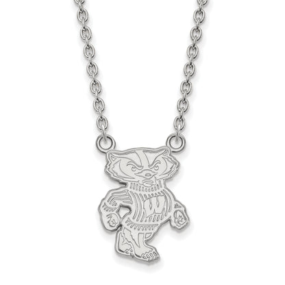 10K White Gold Logoart University Of Wisconsin Badger Large Pendant 18 Inch Necklace