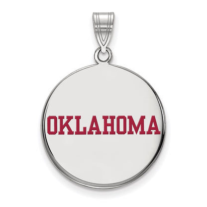 Sterling Silver Rhodium Plated Logoart University Of Oklahoma Large Enameled Disc Pendant