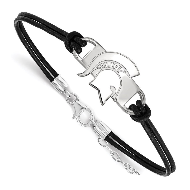 Sterling Silver Rhodium Plated Logoart Michigan State University Spartan Small Center Black Leather 7 Inch Bracelet With Extender
