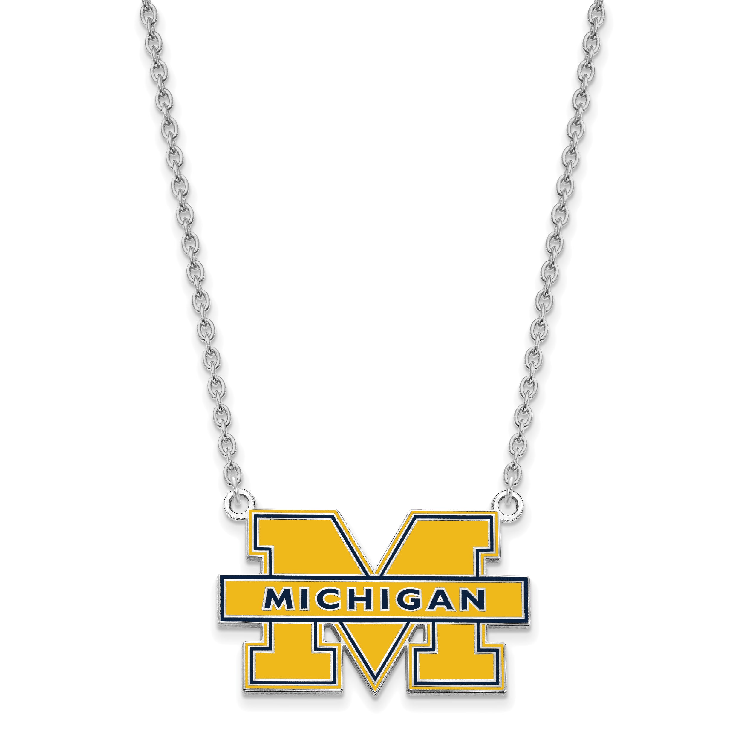 Sterling Silver Rhodium Plated Logoart University Of Michigan Letter M Large Blue Enameled Pendant 18 Inch Necklace