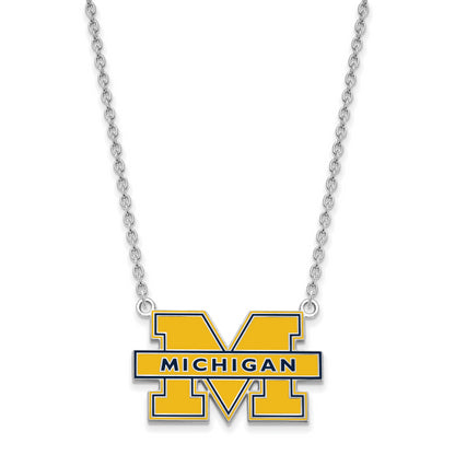Sterling Silver Rhodium Plated Logoart University Of Michigan Letter M Large Blue Enameled Pendant 18 Inch Necklace