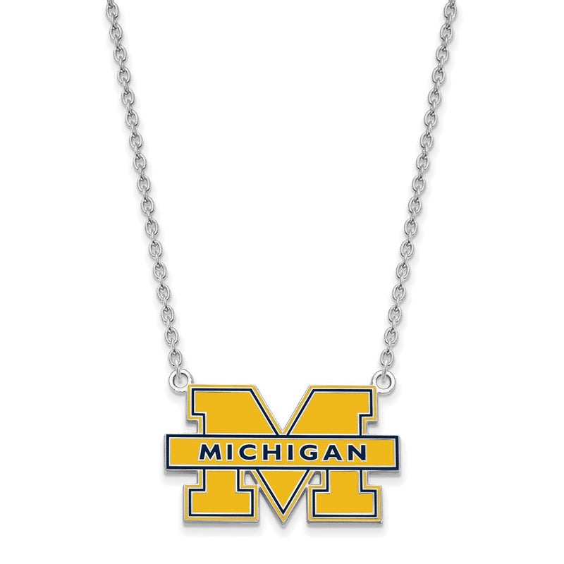 Sterling Silver Rhodium Plated Logoart University Of Michigan Letter M Large Blue Enameled Pendant 18 Inch Necklace