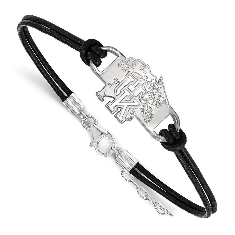 Sterling Silver Rhodium Plated Logoart University Of Kentucky U K Wildcat Small Center Black Leather 7 Inch Bracelet With Extender