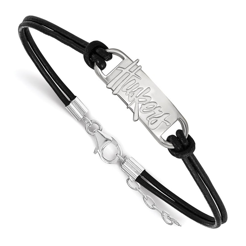 Sterling Silver Rhodium Plated Logoart University Of Nebraska Huskers Small Center Black Leather 7 Inch Bracelet With Extender