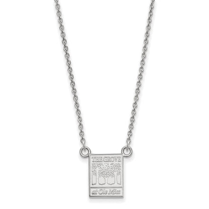 Sterling Silver Rhodium Plated Logoart University Of Mississippi The Grove At Ole Miss Small Pendant 18 Inch Necklace