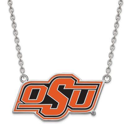 Sterling Silver Rhodium Plated Logoart Oklahoma State University O S U Large Enameled Pendant 18 Inch Necklace
