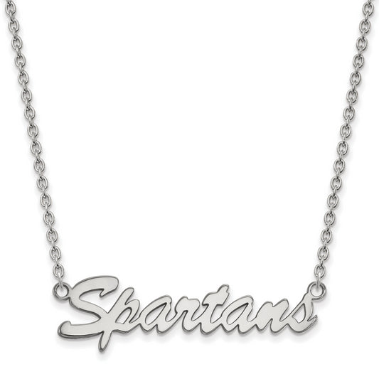Sterling Silver Rhodium Plated Logoart Michigan State University Spartans Script Medium Pendant 18 Inch Necklace
