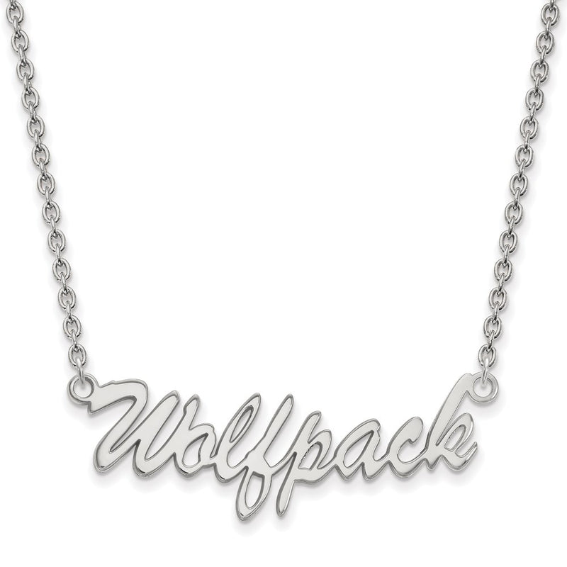 Sterling Silver Rhodium Plated Logoart North Carolina State University Medium Wolfpack Script Pendant 18 Inch Necklace