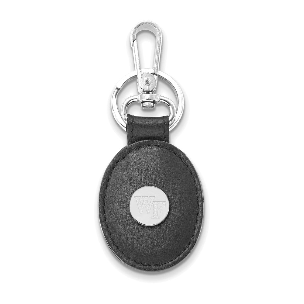 Sterling Silver Rh-P Logoart Wake Forest University Black Leather Oval Key Chain