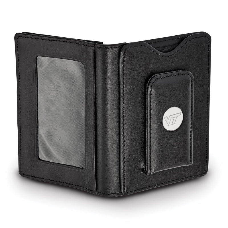 Sterling Silver Rhodium Plated Logoart Virginia Tech Black Leather Wallet