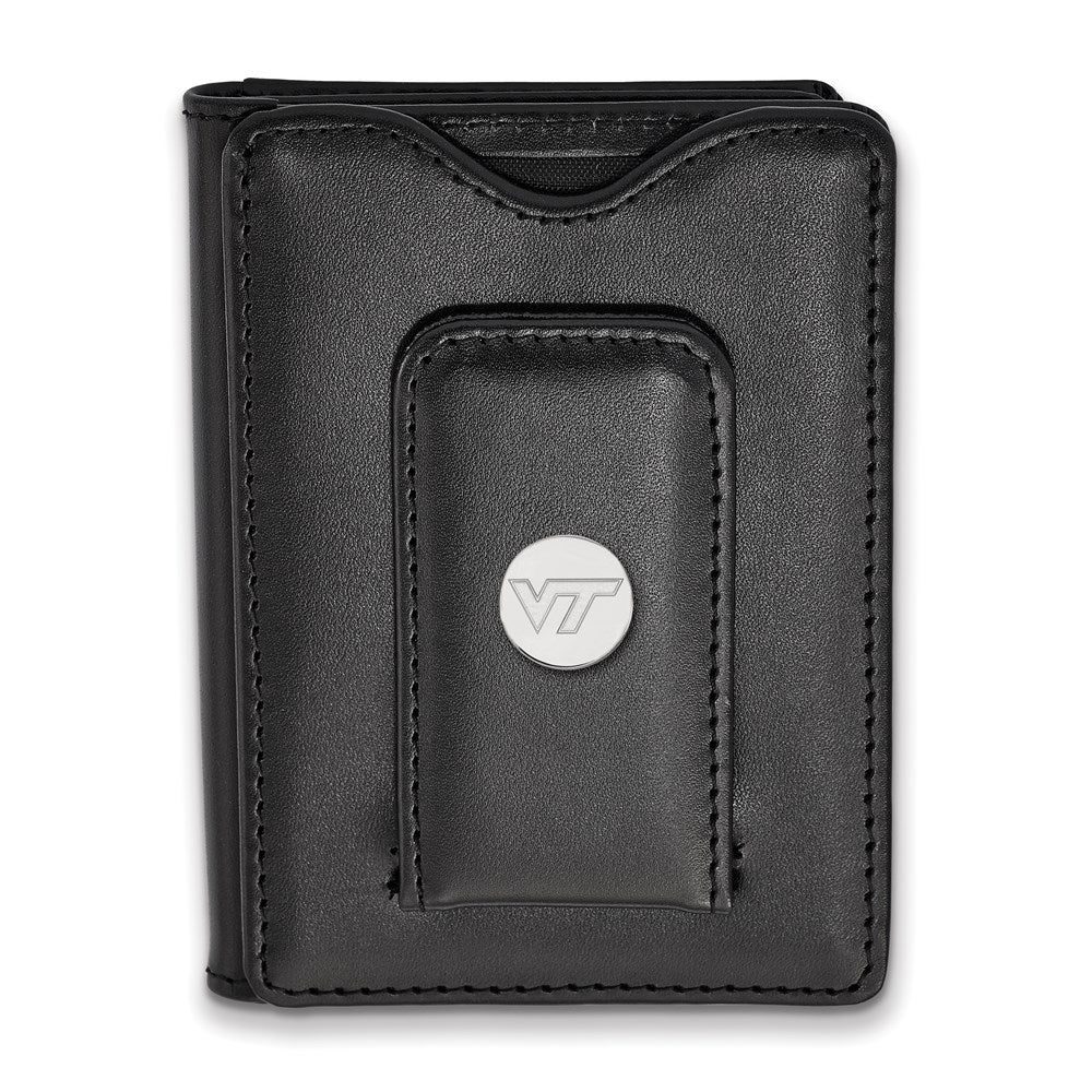 Sterling Silver Rhodium Plated Logoart Virginia Tech Black Leather Wallet