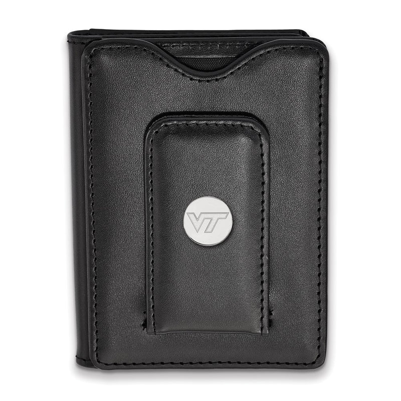 Sterling Silver Rhodium Plated Logoart Virginia Tech Black Leather Wallet