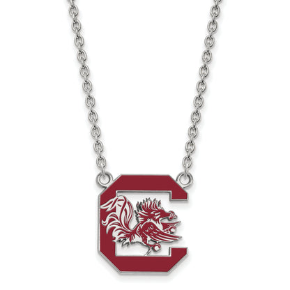 Sterling Silver Rhodium Plated Logoart University Of South Carolina Large Enameled Pendant 18 Inch Necklace