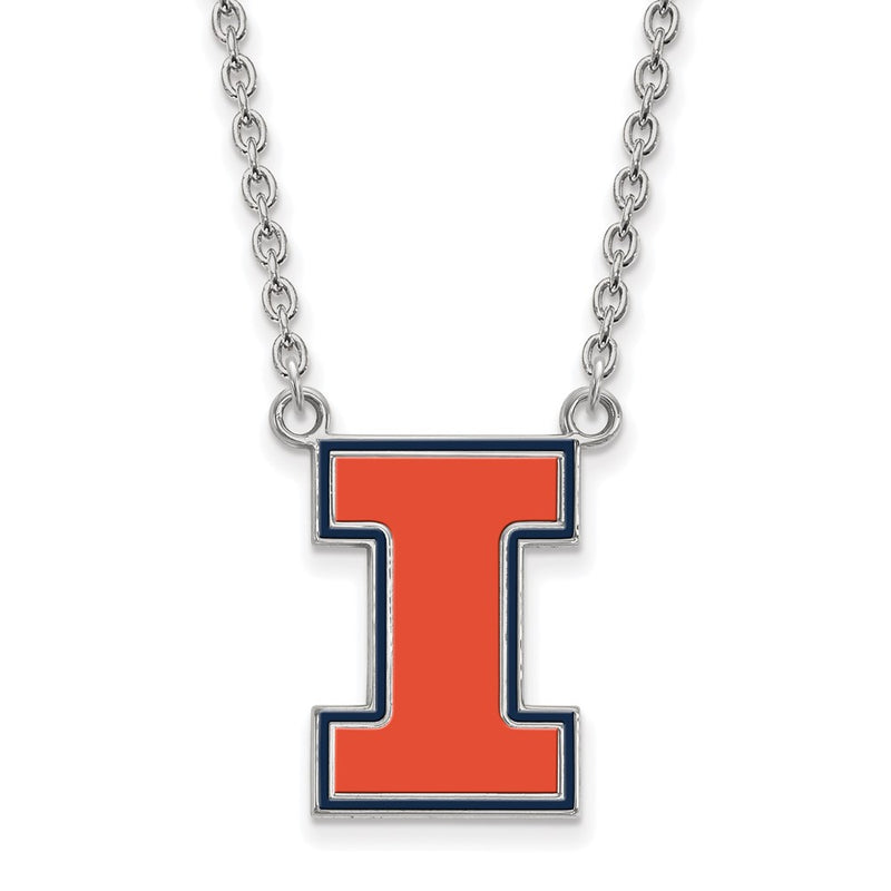 Sterling Silver Rhodium Plated Logoart University Of Illinois Letter I Large Enameled Pendant 18 Inch Necklace