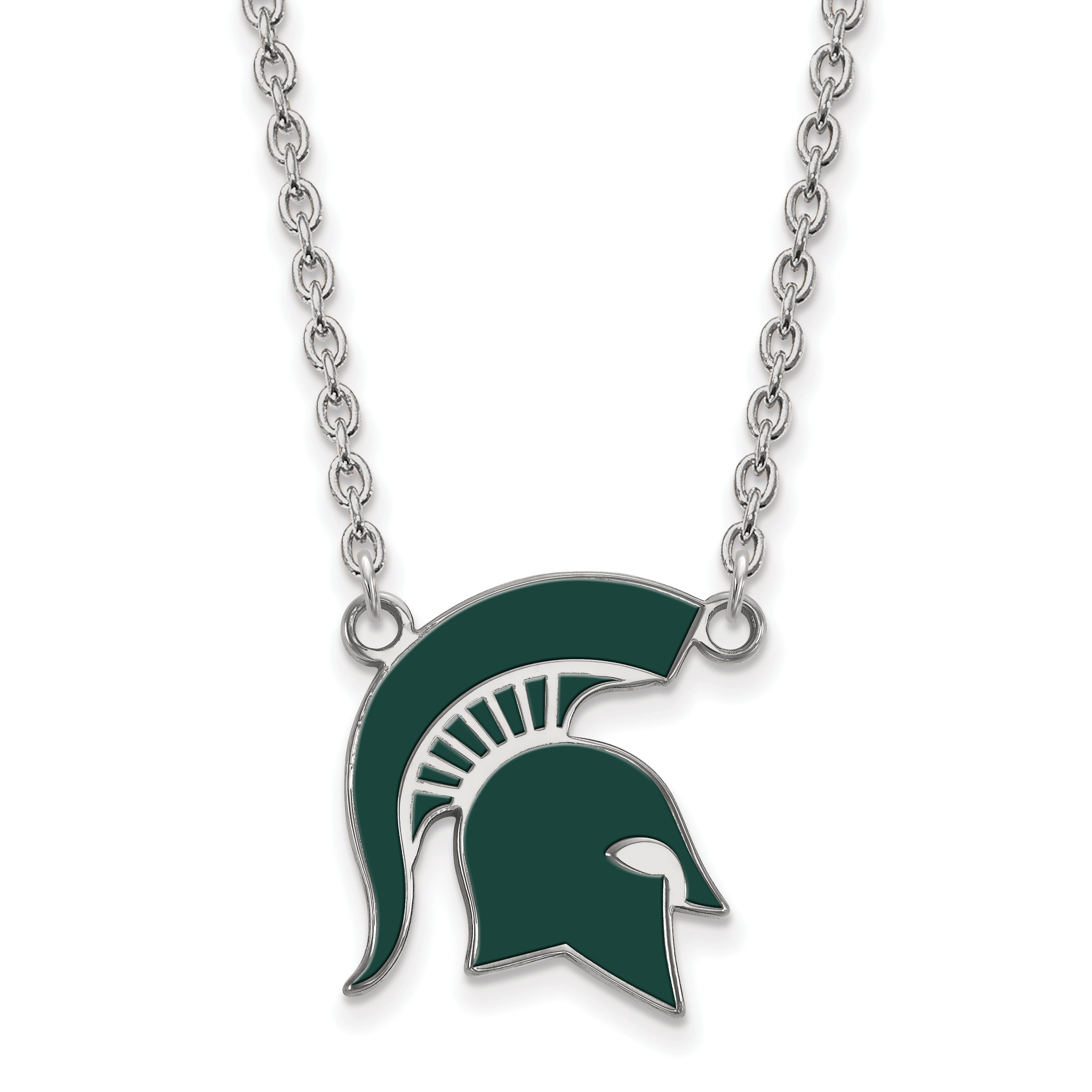 Sterling Silver Rhodium Plated Logoart Michigan State University Spartan Large Enameled Pendant 18 Inch Necklace