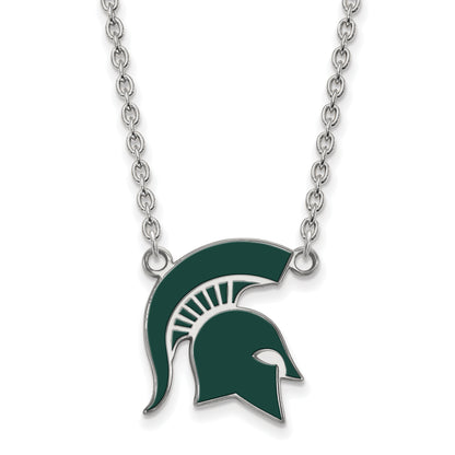 Sterling Silver Rhodium Plated Logoart Michigan State University Spartan Large Enameled Pendant 18 Inch Necklace