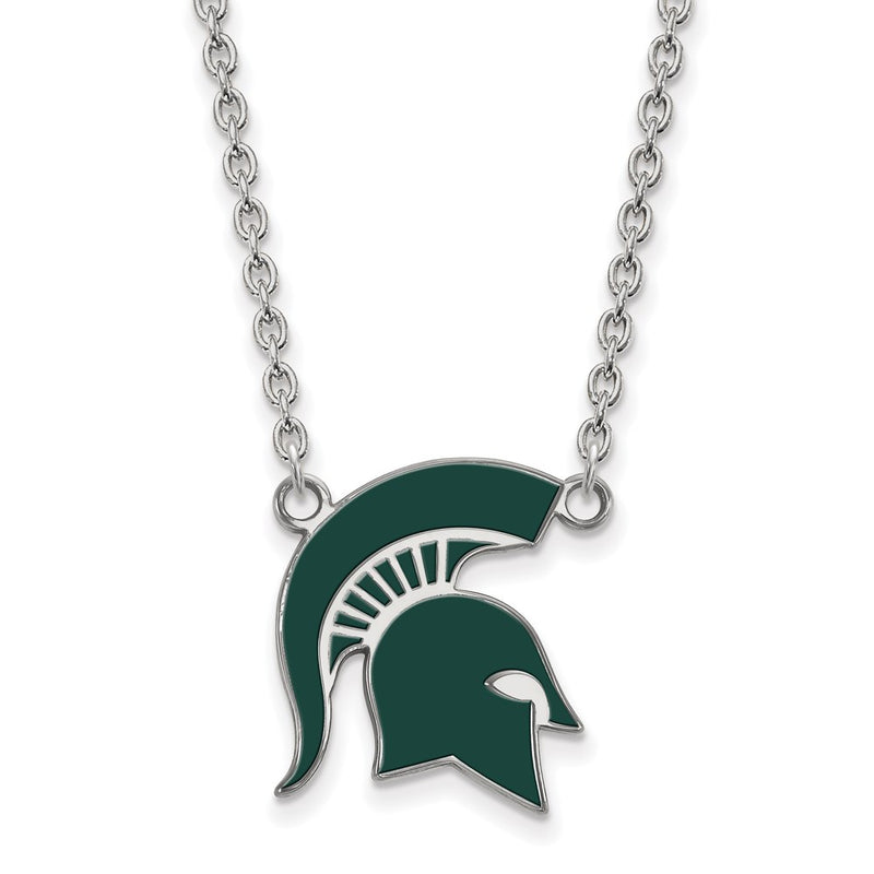 Sterling Silver Rhodium Plated Logoart Michigan State University Spartan Large Enameled Pendant 18 Inch Necklace