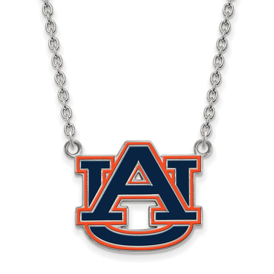 Sterling Silver Rhodium Plated Logoart Auburn University Large Enameled Pendant 18 Inch Necklace