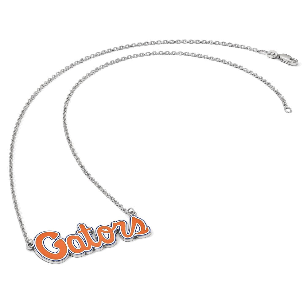 Sterling Silver Rhodium Plated Logoart University Of Florida Gators Script Small Enameled Pendant 18 Inch Necklace