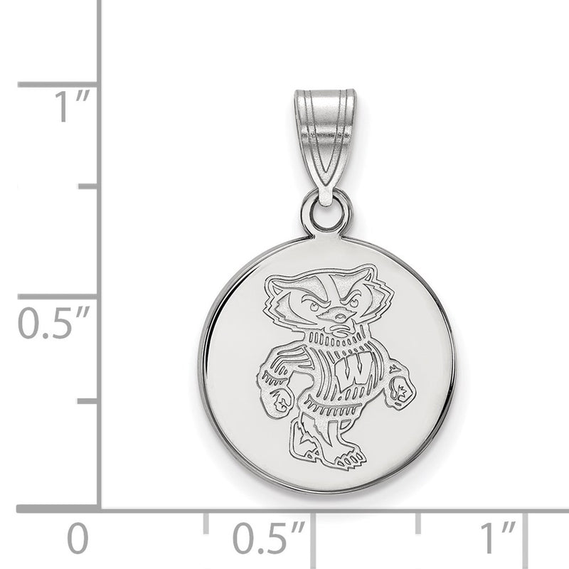 Sterling Silver Rhodium Plated Logoart University Of Wisconsin Badger Medium Disc Pendant