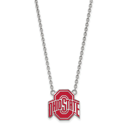 Sterling Silver Rhodium Plated Logoart The Ohio State University Large Enameled Pendant 18 Inch Necklace