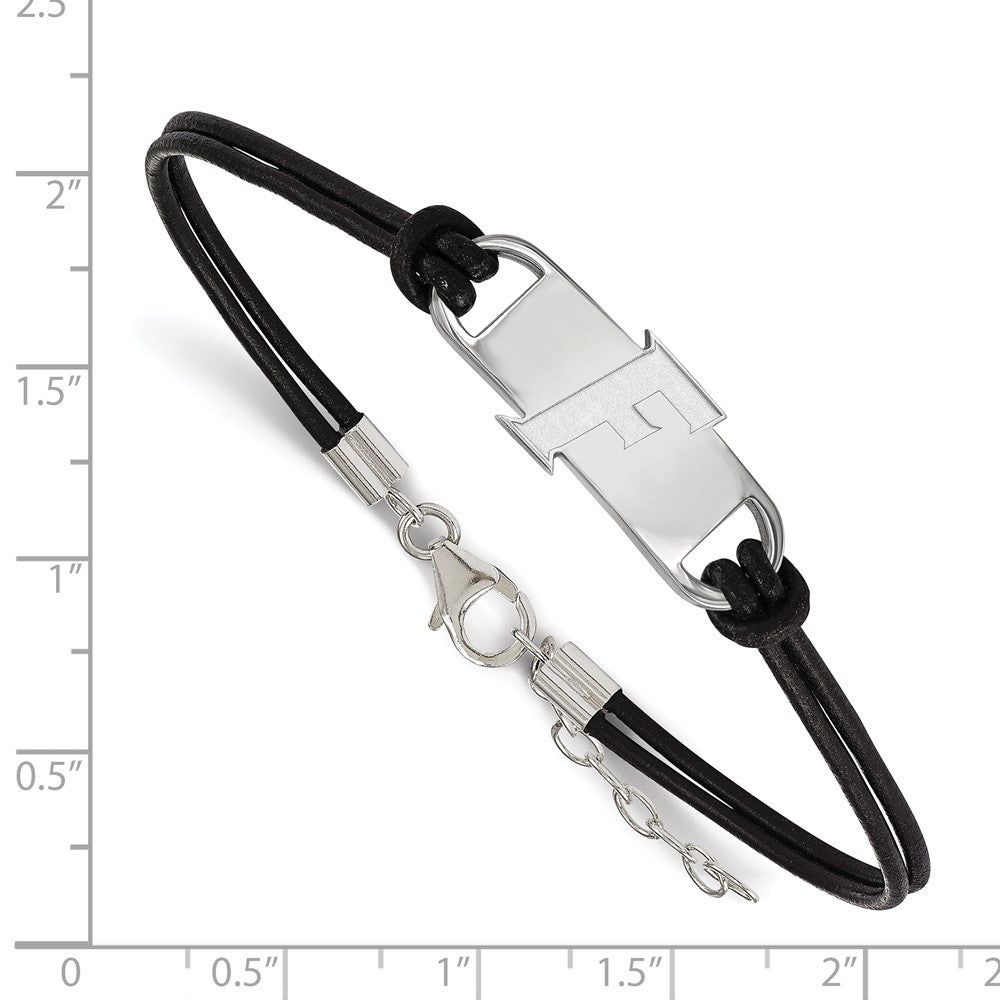 Sterling Silver Rhodium Plated Logoart University Of Florida Letter F Small Center Black Leather 7 Inch Bracelet With Extender