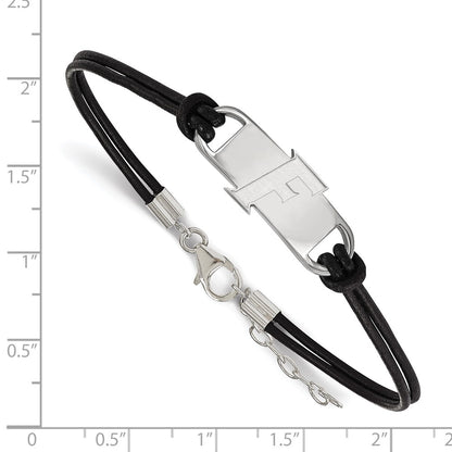 Sterling Silver Rhodium Plated Logoart University Of Florida Letter F Small Center Black Leather 7 Inch Bracelet With Extender