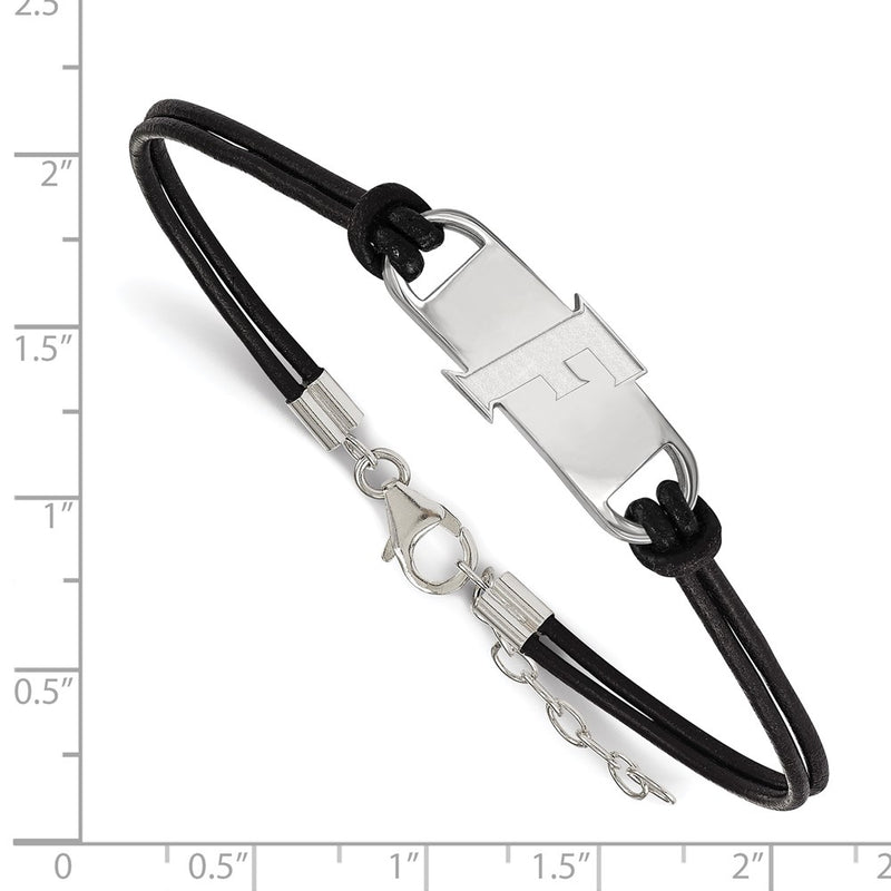 Sterling Silver Rhodium Plated Logoart University Of Florida Letter F Small Center Black Leather 7 Inch Bracelet With Extender