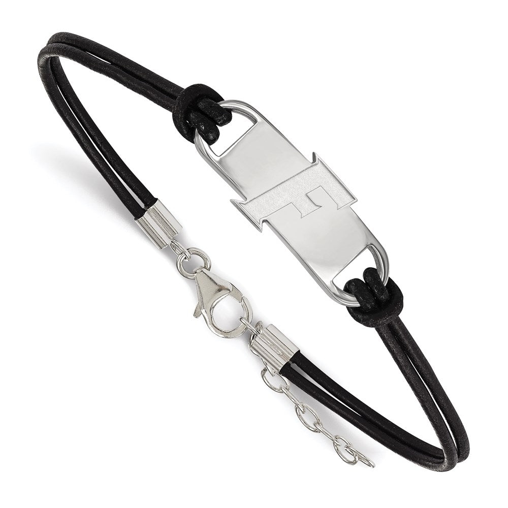 Sterling Silver Rhodium Plated Logoart University Of Florida Letter F Small Center Black Leather 7 Inch Bracelet With Extender