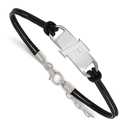Sterling Silver Rhodium Plated Logoart University Of Florida Letter F Small Center Black Leather 7 Inch Bracelet With Extender