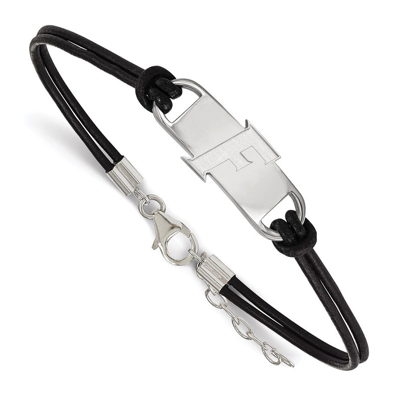 Sterling Silver Rhodium Plated Logoart University Of Florida Letter F Small Center Black Leather 7 Inch Bracelet With Extender