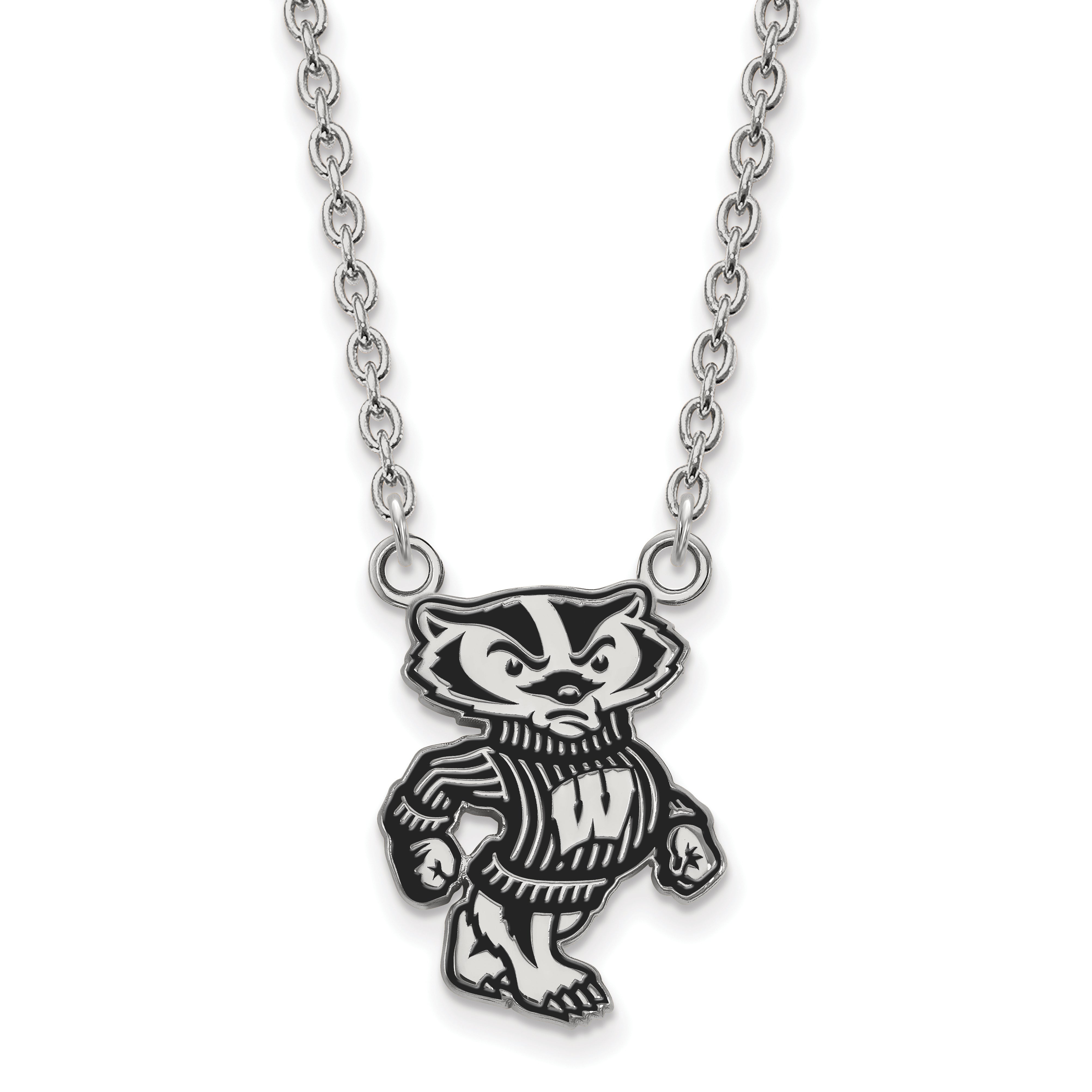 Sterling Silver Rhodium Plated Logoart University Of Wisconsin Badger Large Enameled Pendant 18 Inch Necklace