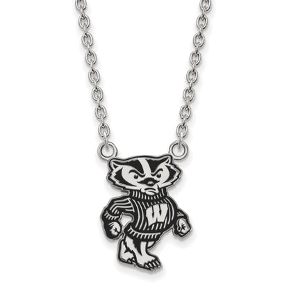 Sterling Silver Rhodium Plated Logoart University Of Wisconsin Badger Large Enameled Pendant 18 Inch Necklace