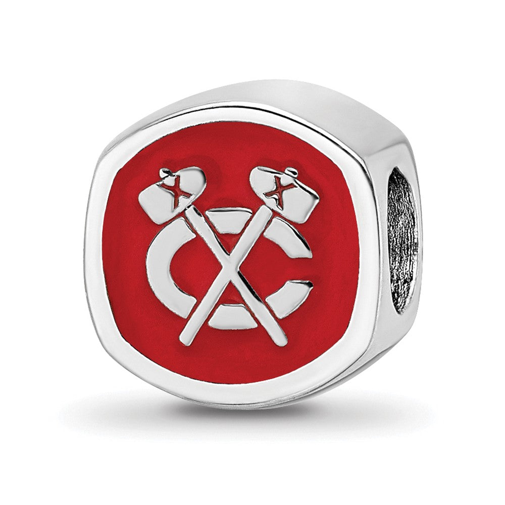 Sterling Silver Rhod-Pltd Nhl Logoart Chicago Blackhawks Enamel Bead