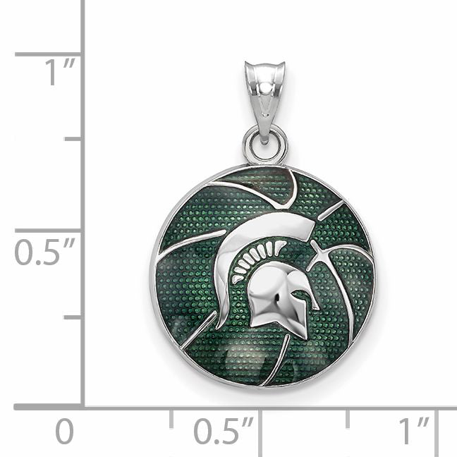 Sterling Silver Rhodium Plated Logoart Michigan State University Spartan Enameled Basketball Pendant