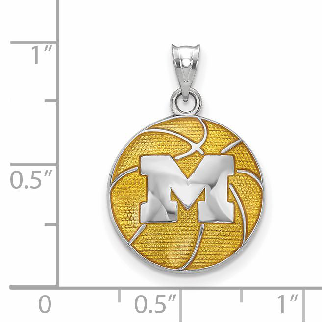 Sterling Silver Rhodium Plated Logoart University Of Michigan Letter M Enameled Basketball Pendant