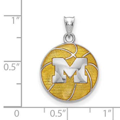 Sterling Silver Rhodium Plated Logoart University Of Michigan Letter M Enameled Basketball Pendant