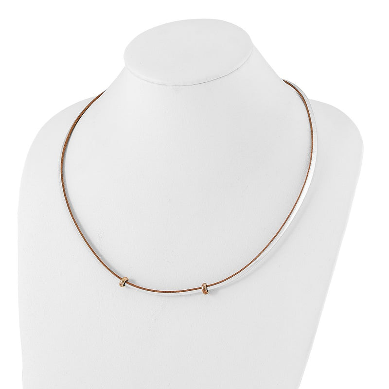 Sterling Silver Polished & Tan Leather Cord Bead Necklace
