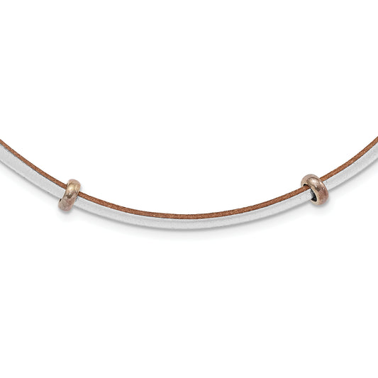 Sterling Silver Polished & Tan Leather Cord Bead Necklace