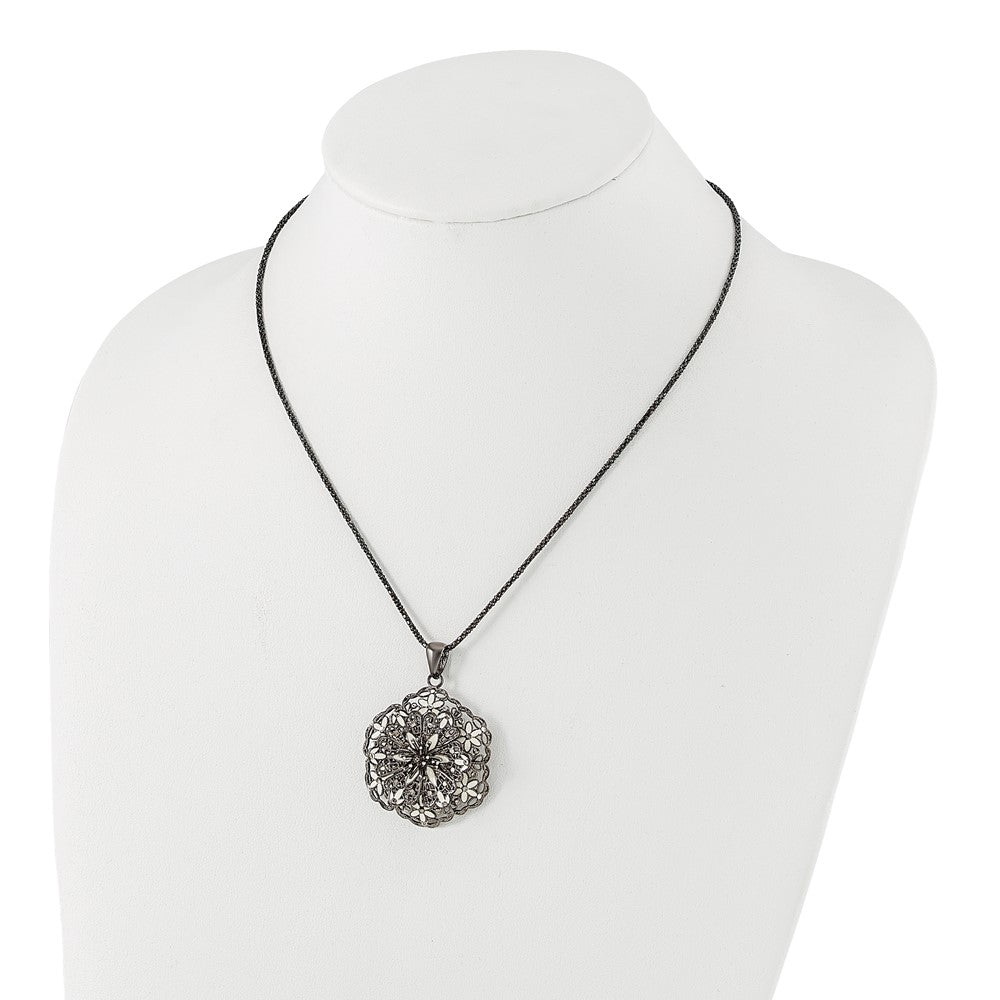 Sterling Silver Black Plated Polished Enameled Vintage Lace Flower Necklace
