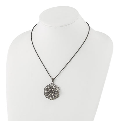 Sterling Silver Black Plated Polished Enameled Vintage Lace Flower Necklace