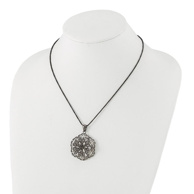 Sterling Silver Black Plated Polished Enameled Vintage Lace Flower Necklace
