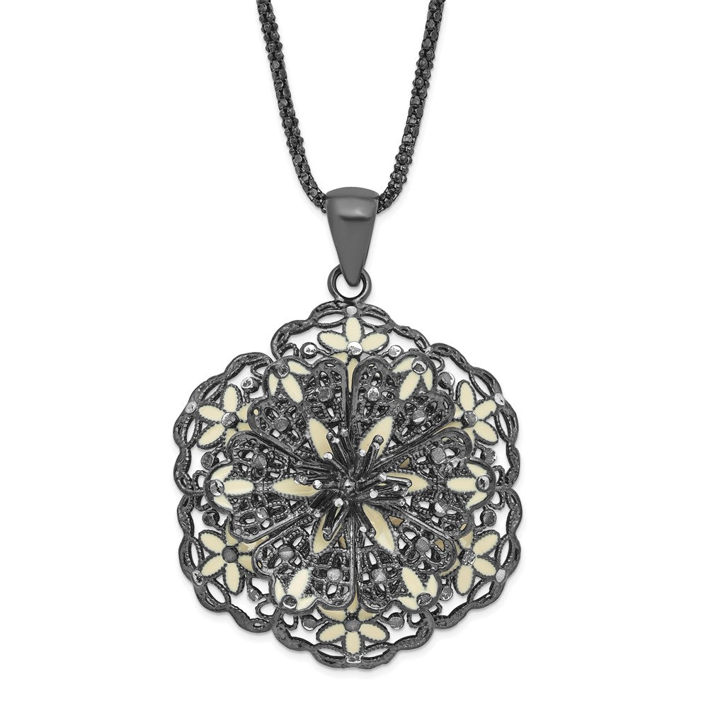 Sterling Silver Black Plated Polished Enameled Vintage Lace Flower Necklace