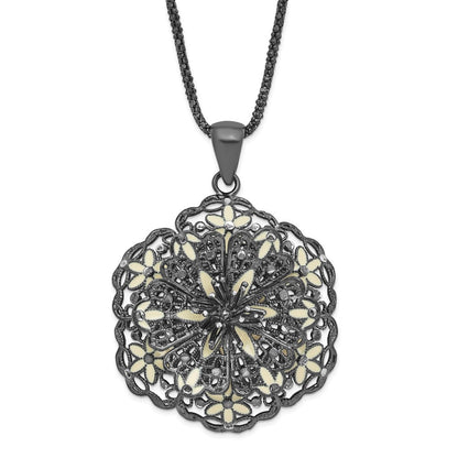 Sterling Silver Black Plated Polished Enameled Vintage Lace Flower Necklace