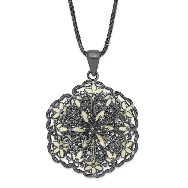 Sterling Silver Black Plated Polished Enameled Vintage Lace Flower Necklace