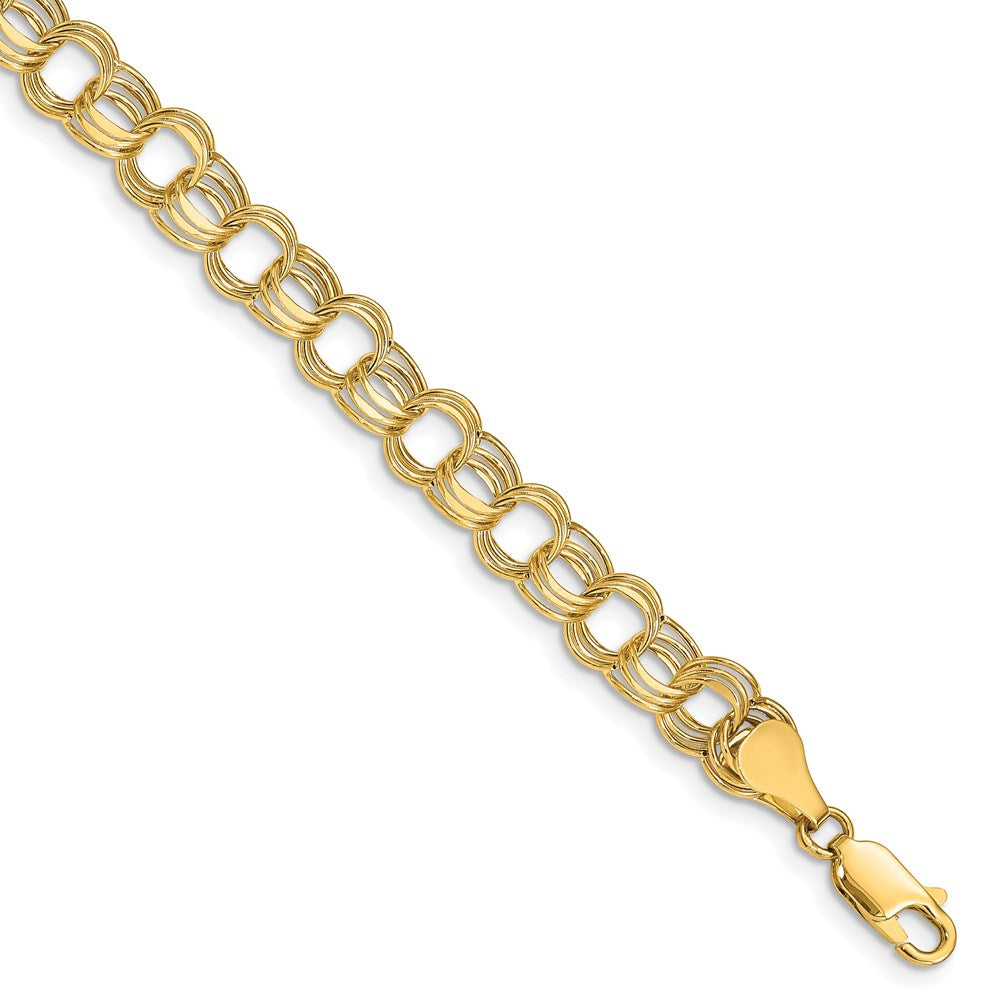 14K Yellow Gold 7.5mm Hollow Triple Link 8.25 Inch Charm Bracelet